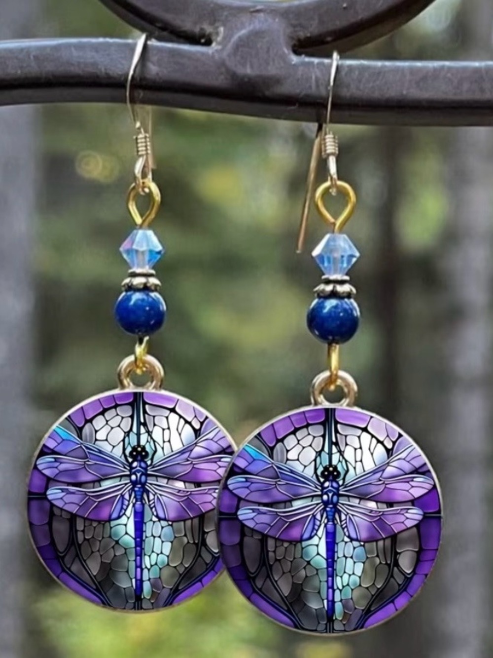 Purple Stain Glass Style Dragonfly Drop Earrings